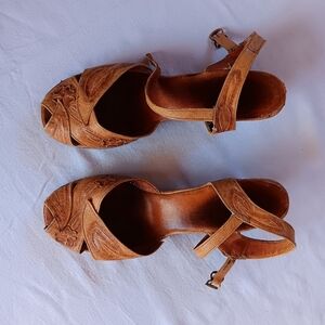 Floral leather peep wedges